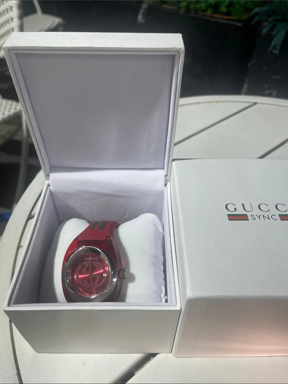 Gucci Red Transparent Silicone Logo Strap Watch with Green-Red Accent